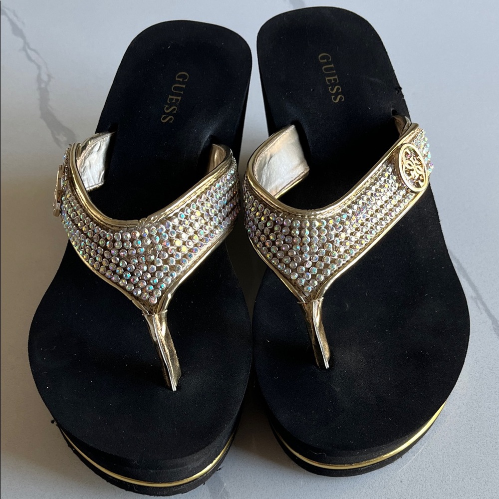 Guess Black & Gold Jeweled Platform Thong Sandals